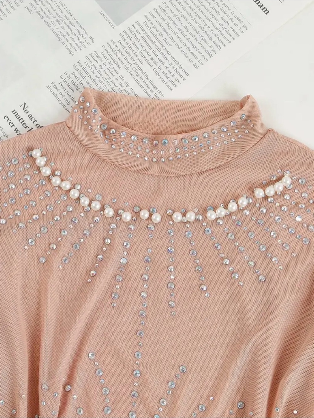 Embellished Long-Sleeve Bodysuit - Mesh Elegant Women's Top - Picture 3 of 4